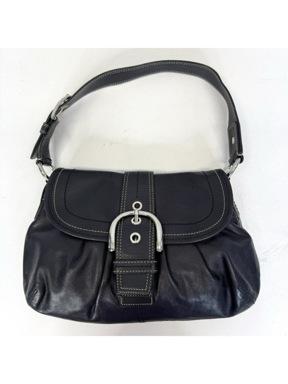 COACH F15204 Soho Pleated Flap Buckle Shoulder Bag Handbag Purse Black Leather